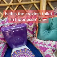 Didominasi oleh warna ungu, kloset di dalam toilet tersebut bahkan tampak begitu estetik. Uniknya lagi toilet berdesain tak biasa itu diletakkan di tengah-tengah sofa yang tersedia di sana. Foto: TikTok/@traveltomtom