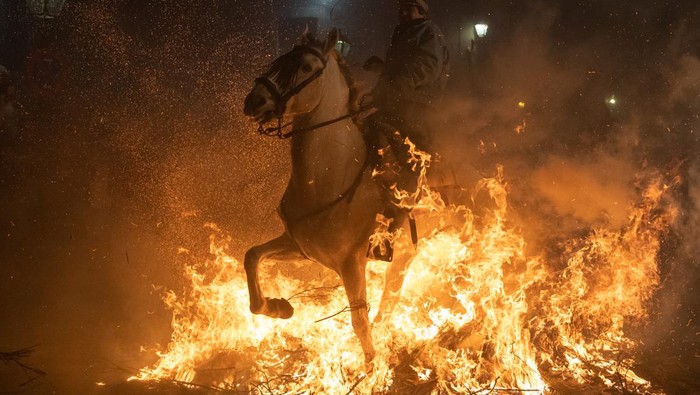 Tradisi Menyucikan Kuda Lewat Kobaran Api di Spanyol SAN BARTOLOME DE PINARES, SPAIN - JANUARY 16: A horse rider jumps over a bonfire on January 16, 2023 in San Bartolome de Pinares, Spain. Horse riders jump over bonfires during he traditional ritual in honor of San Antonio Abad (Saint Anthony the Abbot), patron saint of domestic animals known as Las Luminarias, which is meant to purify the animals with the smoke of the bonfires and protect them for the year to come. (Photo by Marcos del Mazo/Getty Images)