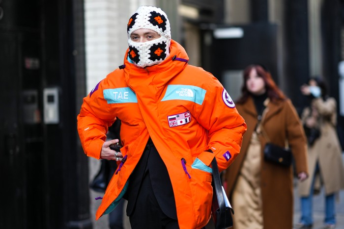 NEW YORK, NEW YORK - FEBRUARY 13: A model is seen wearing a North Face coat and black Acne beanie outside the Boss show during New York Fashion Week: Fall/Winter 2019 on February 13, 2019 in New York City. (Photo by Daniel Zuchnik/Getty Images)