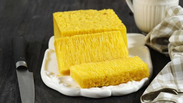Bika Ambon, Sliced Yellow Honeycomb Cake Popular from Medan, Indonesia. Yellow Color Came from Curcumin