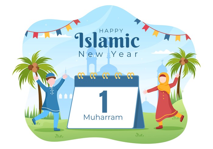 Islamic New Year Day or 1 Muharram Vector Background Illustration of Muslim Family Celebrating Can be use for Greeting Card or Invitation