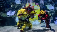 Penyelam mengenakan kostum dewa keberuntungan tradisional Tiongkok, tampil bersama barongsai.