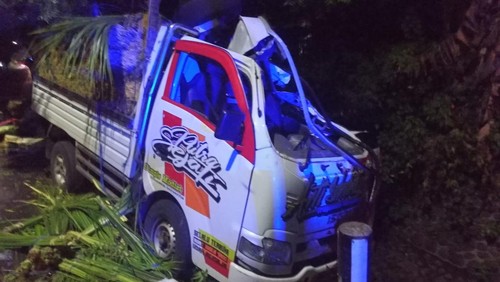 Pikap ringsek akibat menabrak pohon perindang di Jalan Raya Denpasar-Gilimanuk, Banjar Klatakan, Desa Melaya, Kecamatan Melaya, Kabupaten Jembrana, Bali, Rabu (18/1/2023).