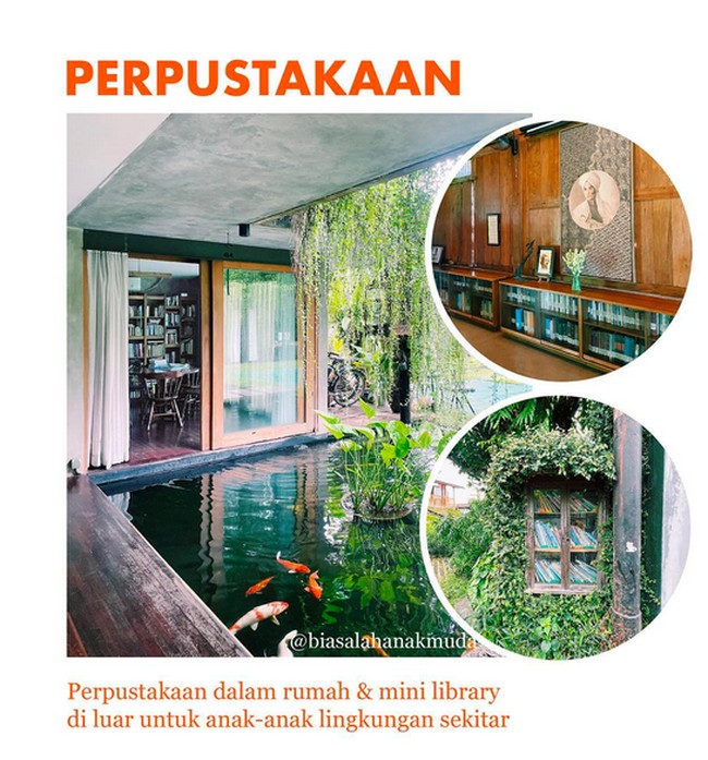 Banyak sudut rumah yang didedikasikan sebagai perpustakan. Bahkan mantan Menteri Pendidikan dan Kebudayaan ini juga menghadirkan mini-library di luar supaya anak-anak bisa bebas membaca buku. Foto: Instagram/@biasalahanakmuda