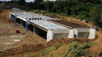 Pekerja menyelesaikan pembangunan jembatan dengan terowongan untuk perlintasan gajah liar pada ruas jalan tol Seksi 1 Padang Tidji-Seulimum, Selasa (17/1/2023).