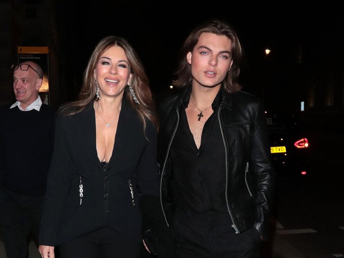 LONDON, ENGLAND - JANUARY 18: Elizabeth Hurley and Damian Hurley arrive at Cirque du Soleil: KURIOS Cabinet of Curiosities at the Royal Albert Hall on January 18, 2023 in London, England. (Photo by Justin E Palmer/GC Images)