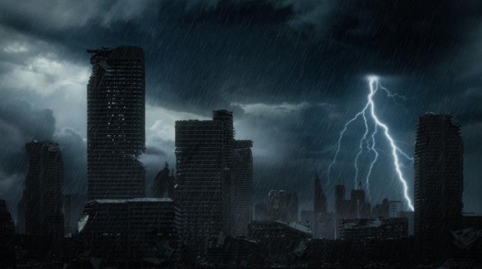 Digitally generated post apocalyptic scene depicting a desolate urban landscape with buildings in ruins at night during a strong rain storm. 

The scene was created in Autodesk® 3ds Max 2020 with V-Ray 5 and rendered with photorealistic shaders and lighting in Chaos® Vantage with some post-production added.