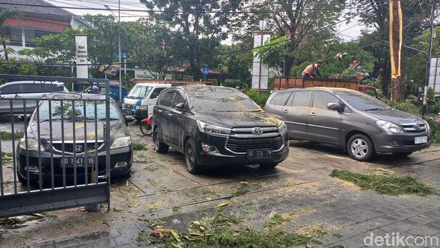 Kondisi mobil rusak usai tertimpa pohon tumbang di Jalan MT Haryono, Kelurahan Manahan, Kecamatan Banjarsari, Solo, Kamis (19/1/2023).