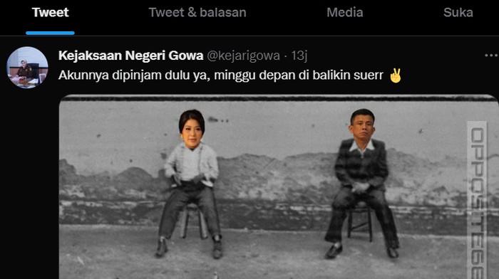 Tangkapan layar unggahan akun Twitter Kejari Gowa di @kejarigowa.