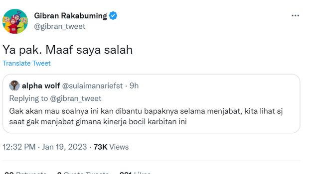 Wali Kota Gibran Rakabuming Raka minta maaf usai dibilang bocil karbitan. Tangkapan layar diambil Kamis (19/1/2023).