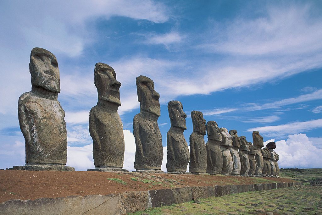 UNSPECIFIED - JULY 24:  Moai statues in a row, Ahu Tongariki, Easter Island, Chile  (Photo by De Agostini via Getty Images/De Agostini via Getty Images)