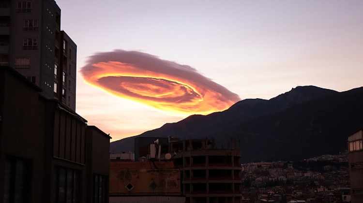 1246345642 BURSA, TURKIYE - JANUARY 19: Lenticular clouds appear over Turkiyes Bursa province on January 19, 2023. (Photo by Mustafa Bikec/Anadolu Agency via Getty Images)