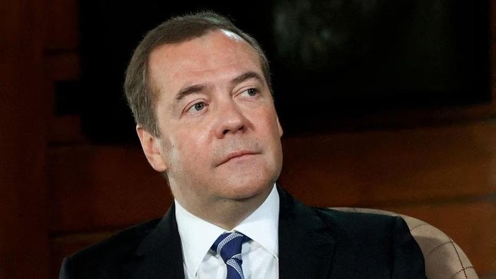Deputy Chairman of Russias Security Council Dmitry Medvedev gives an interview at the Gorki state residence outside Moscow, Russia on January 25, 2022. Picture taken January 25, 2022. Sputnik/Yulia Zyryanova/Pool via REUTERS/File Photo