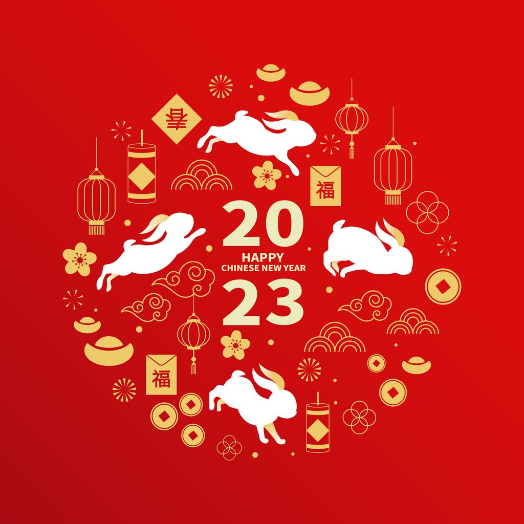 Happy New Year 2023 design in Chinese style. Red pattern of Chinese elements, rabbit zodiac sign, Chinese elements. Template banner, poster, greeting cards.