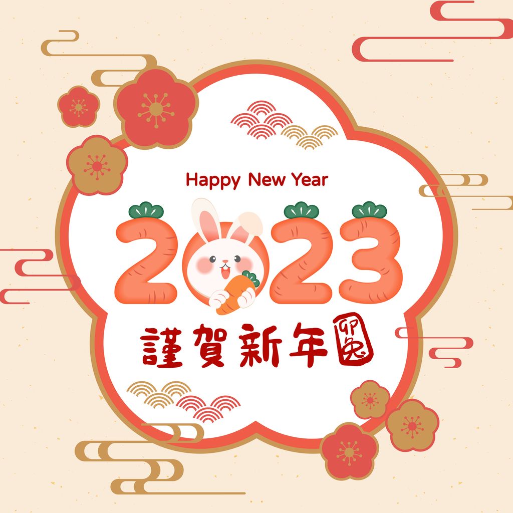 Happy New Year 2023 festive card design, year of the rabbit zodiac sign. Template banner, poster, greeting cards. Translation : happy new year, year of the Rabbit.