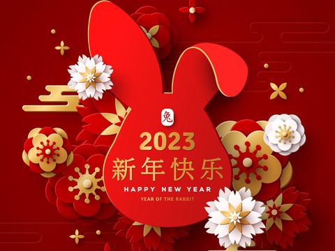 Chinese Greeting Card 2023 New Year, hare paper cut ears frame. Vector illustration. Golden Flowers, Clouds, Asian Elements, Red Background Poster. Translation Happy New Year, Rabbit zodiac sign.