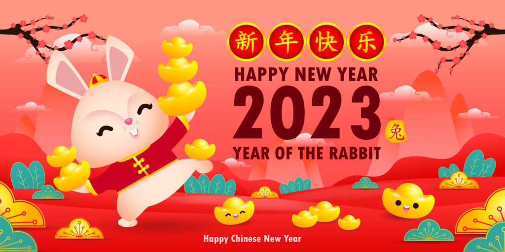 Happy Chinese new year greeting card 2023 cute rabbit with chinese gold ingots, year of the rabbit zodiac, gong xi fa cai cartoon character isolated vector illustration Translate Happy New Year