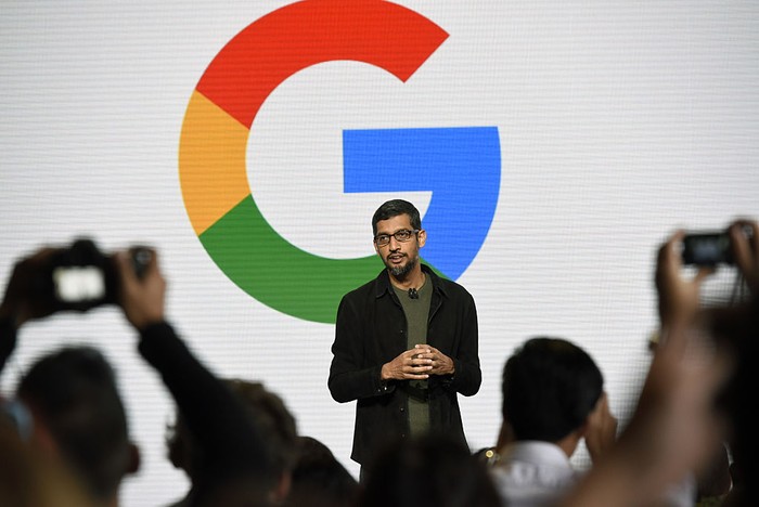 Sundar Pichai, chief executive officer of Google Inc., speaks during a Google product launch event in San Francisco, California, U.S., on Tuesday, Oct. 4, 2016. Google is embarking on a wholesale revamp of its mobile phone strategy, debuting a pair of slick and powerful handsets that for the first time will go head-to-head with Apple Inc.s iconic iPhone. Photographer: Michael Short/Bloomberg via Getty Images