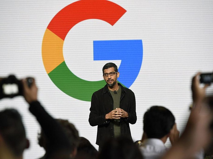 Sundar Pichai, chief executive officer of Google Inc., speaks during a Google product launch event in San Francisco, California, U.S., on Tuesday, Oct. 4, 2016. Google is embarking on a wholesale revamp of its mobile phone strategy, debuting a pair of slick and powerful handsets that for the first time will go head-to-head with Apple Inc.s iconic iPhone. Photographer: Michael Short/Bloomberg via Getty Images