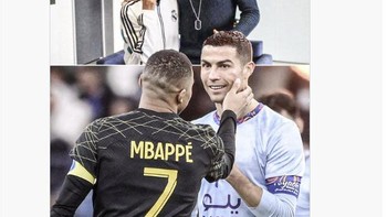 Selain itu momen Mbappe memeriksa wajah Ronaldo pun bikin laga PSG dan Riyadh All Star makin berkesan.  Foto: Twitter