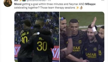 Selain Ronaldo, momen kebersamaan Messi, Mbappe dan Neymar juga bikin hangat. Foto: Twitter