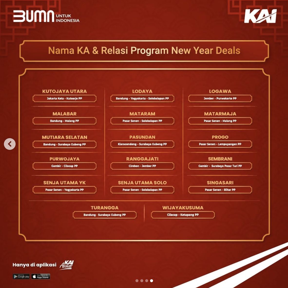 PT. KAI memberikan Ada lebih dari 18.000 kuota kursi promo KA berbagai jurusan yang bisa kalian dapatkan, untuk keberangkatan 21 Januari - 7 Februari 2023 dalam rangka perayaan Imlek. (Instagram @kai121_)