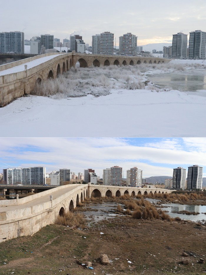 Turki Kehilangan Salju di Musim Dingin, Nih Buktinya SIVAS, TURKIYE - JANUARY 18: (EDITOR'S NOTE: COMPOSITE IMAGE) A composite image assembled of two single photos from top to bottom dated January 20, 2022, January 18, 2023 showing photos of a lake in winter season with same frames taken from same angle to show the difference of winter season after a year in Sivas, Turkiye. (Photo by Halife Yalcinkaya/Anadolu Agency via Getty Images)