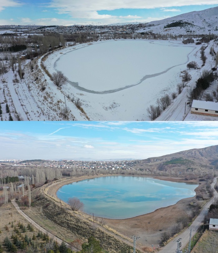 SIVAS, TURKIYE - JANUARY 18: (EDITOR'S NOTE: COMPOSITE IMAGE) A composite image assembled of two single photos from top to bottom dated January 20, 2022, January 18, 2023 showing photos of a lake in winter season with same frames taken from same angle to show the difference of winter season after a year in Sivas, Turkiye. (Photo by Halife Yalcinkaya/Anadolu Agency via Getty Images)