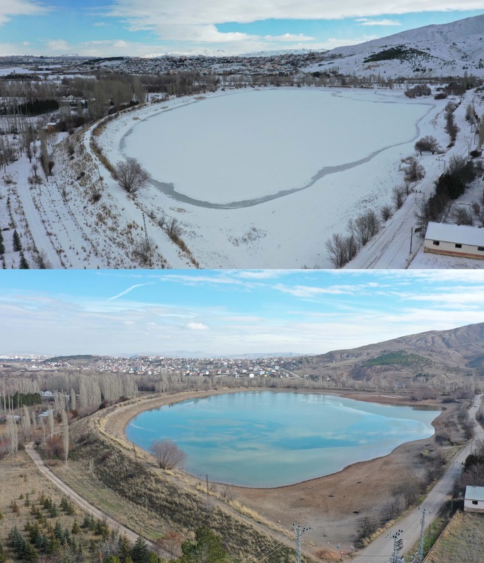 Turki Kehilangan Salju di Musim Dingin, Nih Buktinya SIVAS, TURKIYE - JANUARY 18: (EDITOR'S NOTE: COMPOSITE IMAGE) A composite image assembled of two single photos from top to bottom dated January 20, 2022, January 18, 2023 showing photos of a lake in winter season with same frames taken from same angle to show the difference of winter season after a year in Sivas, Turkiye. (Photo by Halife Yalcinkaya/Anadolu Agency via Getty Images)