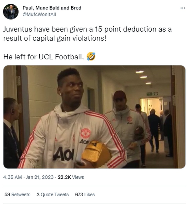 Juventus mendapatkan hukuman pengurangan 15 poin. Hal tersebut lantaran pemalsuan nilai transfer dan keuntungan modal. Beragam meme pun bermunculan di Twitter.