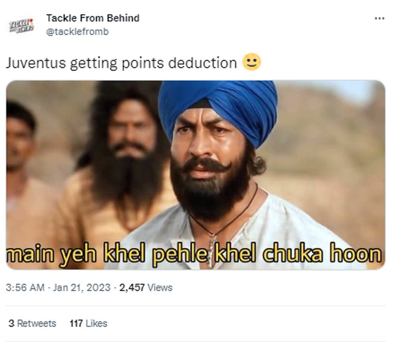 Juventus mendapatkan hukuman pengurangan 15 poin. Hal tersebut lantaran pemalsuan nilai transfer dan keuntungan modal. Beragam meme pun bermunculan di Twitter.