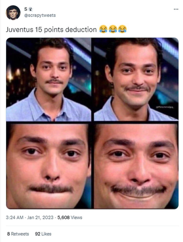 Deretan Meme Juventus Dapat Pengurangan 15 Poin Juventus mendapatkan hukuman pengurangan 15 poin. Hal tersebut lantaran pemalsuan nilai transfer dan keuntungan modal. Beragam meme pun bermunculan di Twitter.