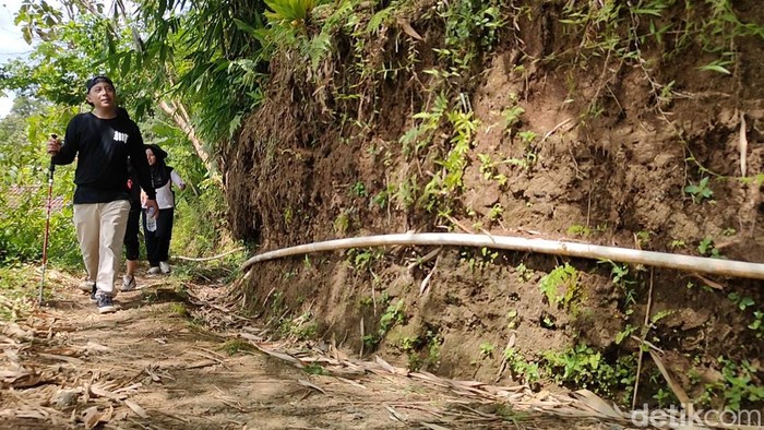 Wisatawan melakukan hiking menuju perbukitan menoreh di Girimulyo, Kulon Progo, Sabtu (21/1/2023).