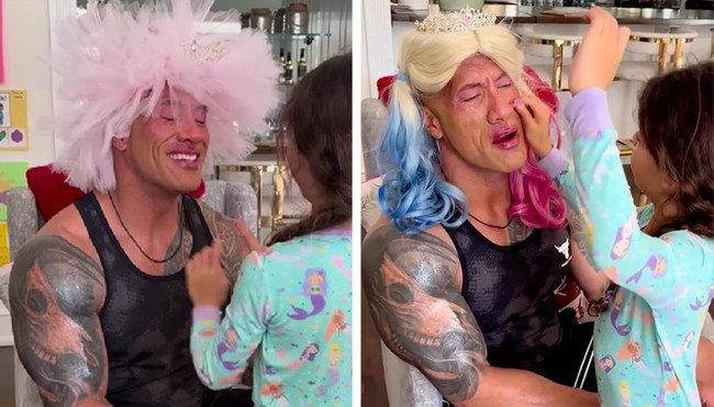 Dwayne ‘The Rock’ Johnson tampil gahar dan menakutkan saar memerankan superhero Black Adam. Tapi di depan anak perempuannya, dia rela pakai topi tutu, lipstik, eyeshadow hingga wig. Foto: Instagram