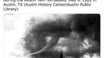 Tornado terlihat di atas gedung Texas State Capitol selama Austin Twin Tornadoes, 4 Mei 1922 di Austin, TX  Foto: Twitter/OldWeatherPics