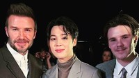 Jimin juga menyempatkan diri untuk foto bersama David Beckham dan putranya, Cruz. Foto: (dok. ist)