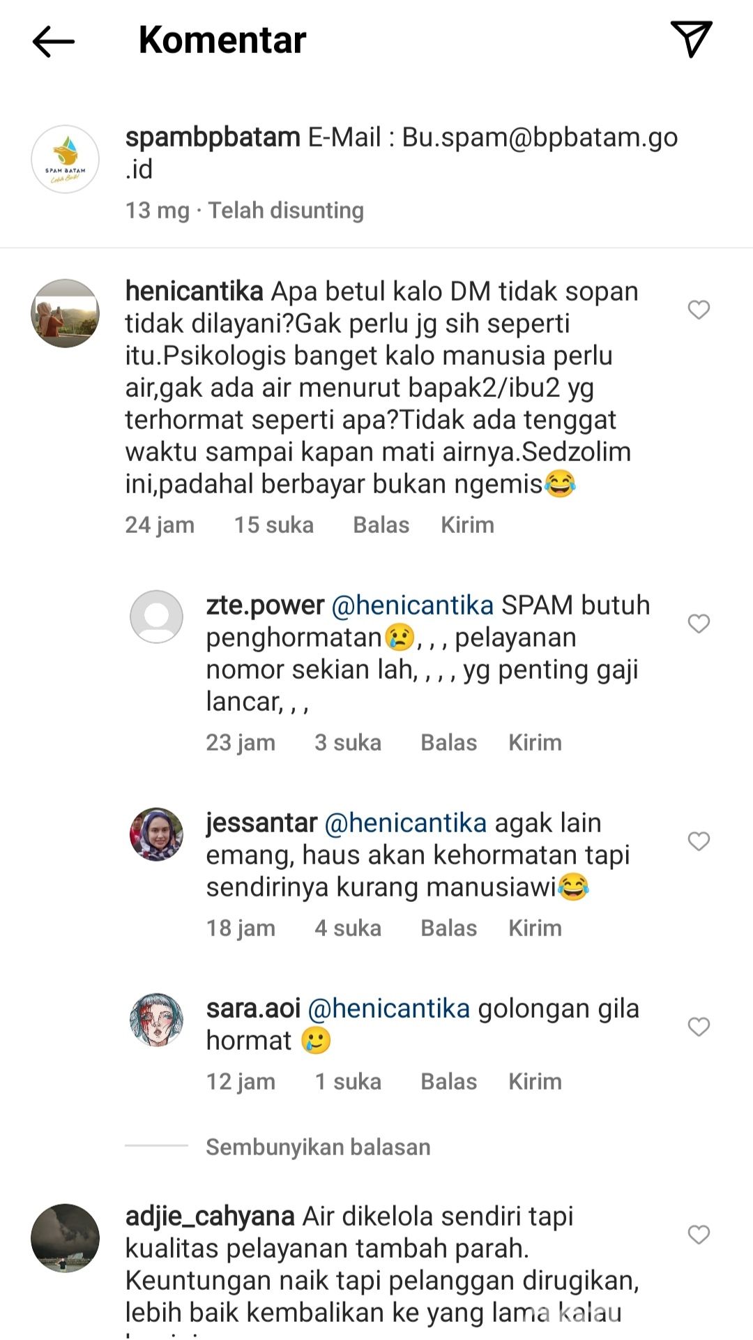 Tangkapan layar postingan akun Instagram SPAM BP Batam.