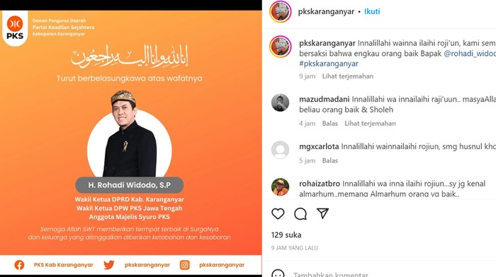 Eks Wakil Bupati Karanganyar Rohadi Widodo meninggal dunia. Ucapan duka disampaikan PKS Karanganyar, Selasa (24/1/2023).