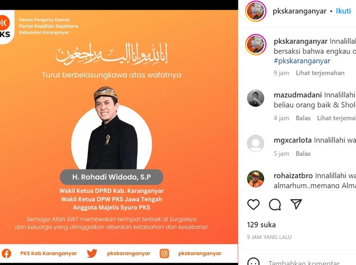 Eks Wakil Bupati Karanganyar Rohadi Widodo meninggal dunia. Ucapan duka disampaikan PKS Karanganyar, Selasa (24/1/2023).