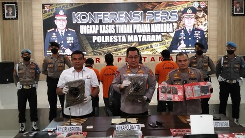 Kapolda NTB Irjen Pol Djoko Poerwanto mengangkat barang bukti ganja 5 kilogram milik empat pengedar asal kota Mataram Saharudin (58), Saiful Bahri (43), Sahran (52) dan Syaiful Bahtiar (33), Selasa (24/1/2023). Foto: Ahmad Viqi/detikBali.