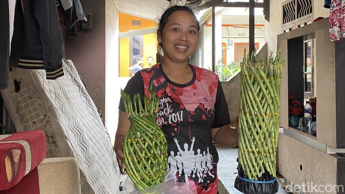 Maria Marlina (29) salah satu petani lucky bamboo (bambu hoki) di Sukabumi memperlihatkan rangkaian bambu hoki.