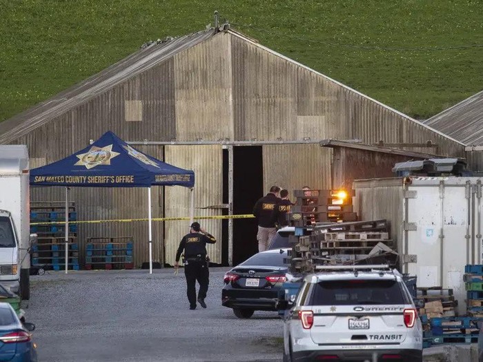Police investigate the scene of a mass shooting off Cabrillo Highway in Half Moon Bay, Calif., Monday, Jan. 23, 2023. (Karl Mondon/Bay Area News Group via AP)
