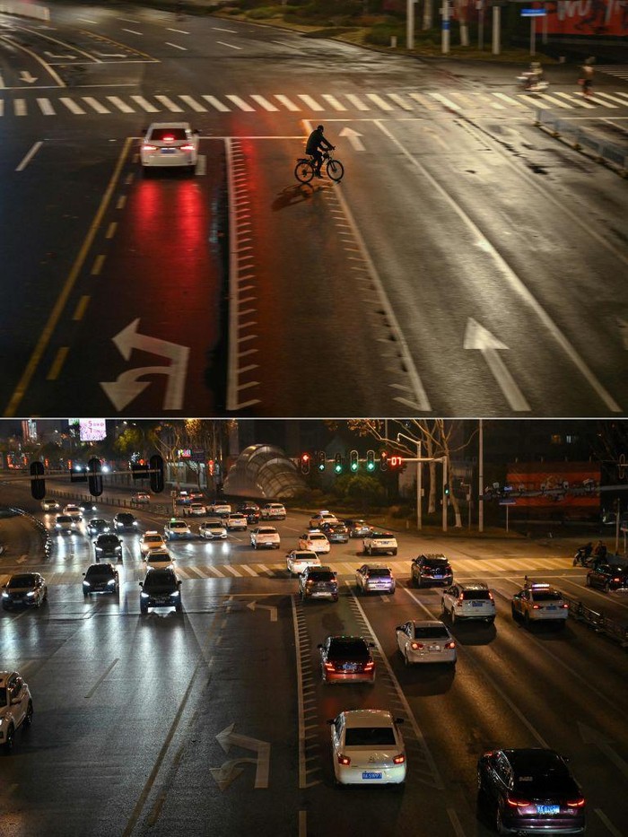 Potret Perbedaan Wuhan Saat Imlek 2020 dan 2023 (COMBO) This combination of pictures created on January 22, 2023 shows (top) a file of an almost empty street amid a viral outbreak in Wuhan on January 26, 2020, and (bottom) the same street full of traffic in Wuhan on January 22, 2023. - Residents in Wuhan are marking three years since a once-mysterious virus plunged them into a terrifying lockdown, with their city becoming the epicentre of the Covid-19 epidemic that became global. (Photo by Hector RETAMAL / AFP) (Photo by HECTOR RETAMAL/AFP via Getty Images)