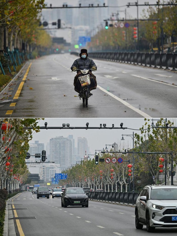 Potret Perbedaan Wuhan Saat Imlek 2020 dan 2023 (COMBO) This combination of pictures created on January 22, 2023 shows (top) a file photo of a man riding a motorcycle on an empty street in Wuhan on January 26, 2020, and (bottom) the same view in Wuhan on January 21, 2023. - Residents in Wuhan are marking three years since a once-mysterious virus plunged them into a terrifying lockdown, with their city becoming the epicentre of the Covid-19 epidemic that became global. (Photo by Hector RETAMAL / AFP) (Photo by HECTOR RETAMAL/AFP via Getty Images)