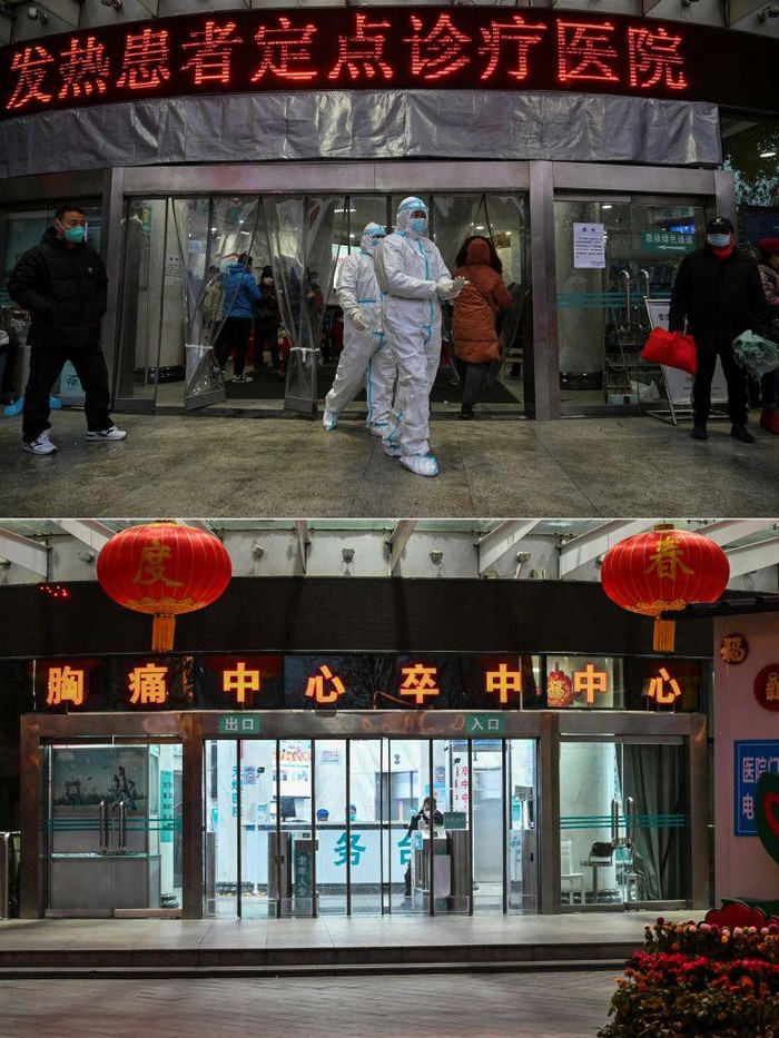 Potret Perbedaan Wuhan Saat Imlek 2020 dan 2023 (COMBO) This combination of pictures created on January 22, 2023 shows (top) a file photo of medical staff members wearing protective clothing at the Wuhan Red Cross Hospital in Wuhan on January 25, 2020, and (bottom) the same view out the Wuhan Red Cross Hospital in Wuhan on January 22, 2023. - Residents in Wuhan are marking three years since a once-mysterious virus plunged them into a terrifying lockdown, with their city becoming the epicentre of the Covid-19 epidemic that became global. (Photo by Hector RETAMAL / AFP) (Photo by HECTOR RETAMAL/AFP via Getty Images)