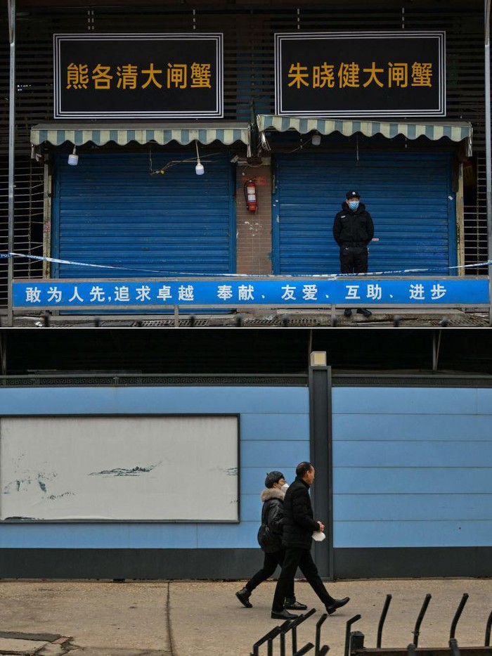 Potret Perbedaan Wuhan Saat Imlek 2020 dan 2023 (COMBO) This combination of pictures created on January 22, 2023 shows (top) a file photo of a security guard outside the Huanan Seafood Wholesale Market where the coronavirus was detected in Wuhan on January 24, 2020, and (bottom) people walking past the now-closed Huanan Seafood Wholesale Market in Wuhan on January 22, 2023. - Residents in Wuhan are marking three years since a once-mysterious virus plunged them into a terrifying lockdown, with their city becoming the epicentre of the Covid-19 epidemic that became global. (Photo by Hector RETAMAL / AFP) (Photo by HECTOR RETAMAL/AFP via Getty Images)
