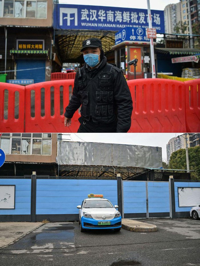 (COMBO) This combination of pictures created on January 22, 2023 shows (top) a file photo of a police officer standing guard outside the Huanan Seafood Wholesale Market where the coronavirus was detected in Wuhan on January 24, 2020, and (bottom) the same view of the now-closed Huanan Seafood Wholesale Market in Wuhan on January 22, 2023. - Residents in Wuhan are marking three years since a once-mysterious virus plunged them into a terrifying lockdown, with their city becoming the epicentre of the Covid-19 epidemic that became global. (Photo by Hector RETAMAL / AFP) (Photo by HECTOR RETAMAL/AFP via Getty Images)