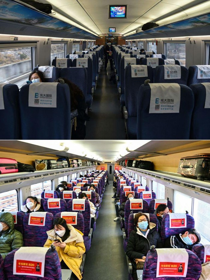 (COMBO) This combination of pictures created on January 22, 2023 shows (top) a file photo of people on an almost-empty train ahead of the lunar new year between Shanghai and Wuhan on January 23, 2020, and (bottom) passengers on a busy train as people travel for the lunar new year holidays from Shanghai to Wuhan on January 20, 2023. - Residents in Wuhan are marking three years since a once-mysterious virus plunged them into a terrifying lockdown, with their city becoming the epicentre of the Covid-19 epidemic that became global. (Photo by HECTOR RETAMAL / AFP) (Photo by HECTOR RETAMAL/AFP via Getty Images)