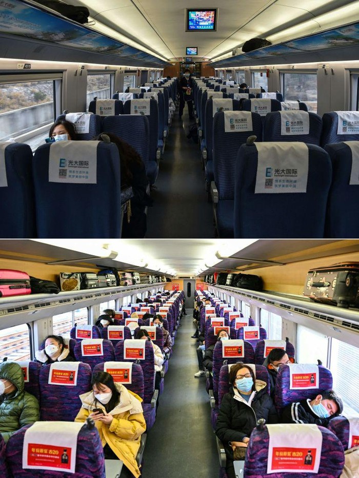 Potret Perbedaan Wuhan Saat Imlek 2020 dan 2023 (COMBO) This combination of pictures created on January 22, 2023 shows (top) a file photo of people on an almost-empty train ahead of the lunar new year between Shanghai and Wuhan on January 23, 2020, and (bottom) passengers on a busy train as people travel for the lunar new year holidays from Shanghai to Wuhan on January 20, 2023. - Residents in Wuhan are marking three years since a once-mysterious virus plunged them into a terrifying lockdown, with their city becoming the epicentre of the Covid-19 epidemic that became global. (Photo by HECTOR RETAMAL / AFP) (Photo by HECTOR RETAMAL/AFP via Getty Images)