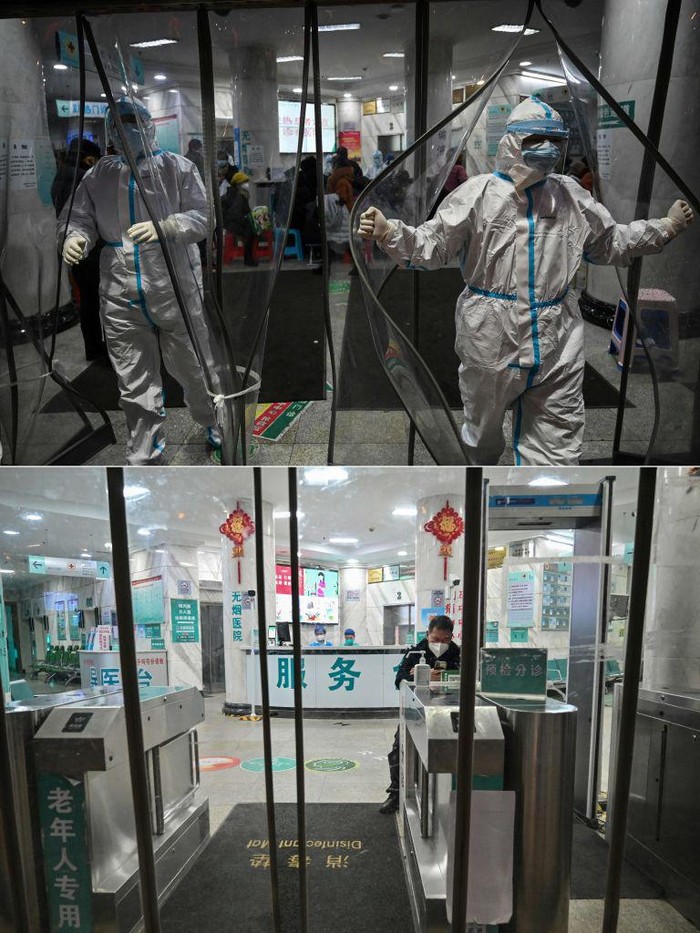 Potret Perbedaan Wuhan Saat Imlek 2020 dan 2023 (COMBO) This combination of pictures created on January 22, 2023 shows (top) a file photo of medical staff members wearing protective clothing at the Wuhan Red Cross Hospital in Wuhan on January 25, 2020, and (bottom) the same view outside the Wuhan Red Cross Hospital in Wuhan on January 22, 2023. - Residents in Wuhan are marking three years since a once-mysterious virus plunged them into a terrifying lockdown, with their city becoming the epicentre of the Covid-19 epidemic that became global. (Photo by Hector RETAMAL / AFP) (Photo by HECTOR RETAMAL/AFP via Getty Images)